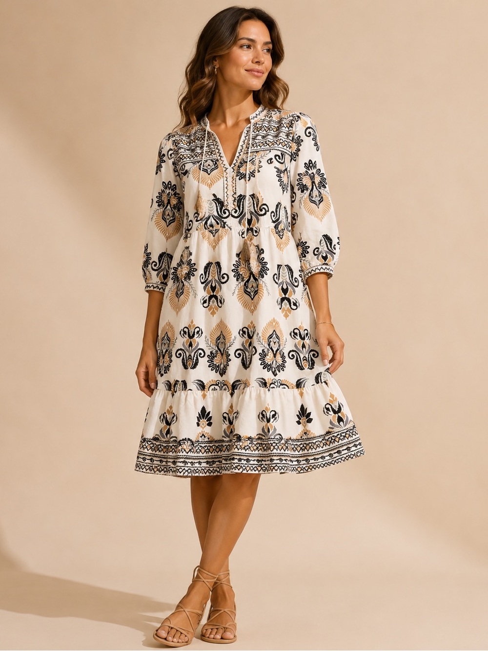 GIGIO Ivory Boho Print Tassel Maxi Dress Coastal Western Tiered Small